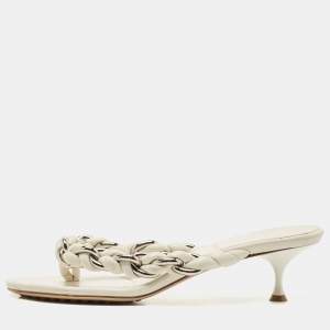 Pre Owned Bottega Veneta Off White Braided Leather & Chain Thong Sandals  Size 40.5