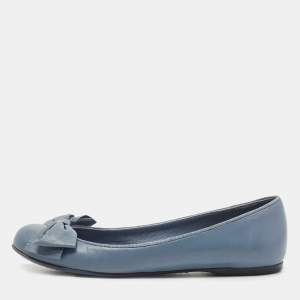Pre Owned Bottega Veneta Blue Leather Bow Ballet Flats Size 36