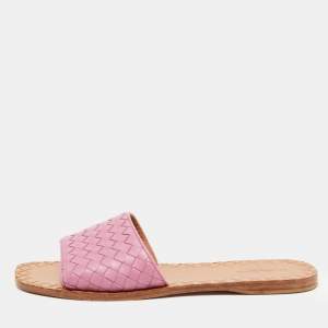 Pre Owned Bottega Veneta Purple Leather Intrecciato Flat Slides Size 40