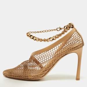 Pre Owned Bottega Veneta Beige Mesh and Leather Chunky Chain Ankle Strap Pumps Size 39.5