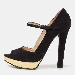 Pre Owned Bottega Veneta Black Suede Mary Jane Peep Toe Platform Pumps Size 40.5