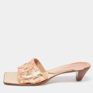 Pre Owned Bottega Veneta Rose Gold Leather Intrecciato Slide Sandals Size 41