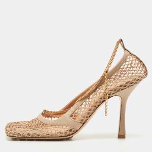 Pre Owned Bottega Veneta Beige Mesh and Leather Stretch Pumps Size 37.5