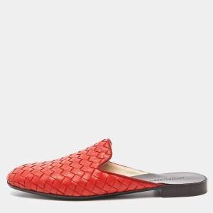 Pre Owned Bottega Veneta Orange Intrecciato Leather Fiandra Flat Mules Size 36.5