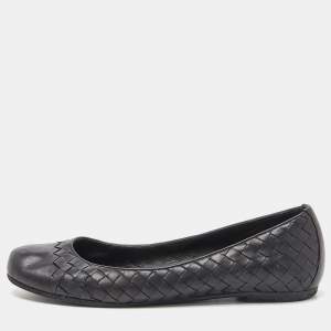 Pre Owned Bottega Veneta Black Intrecciato Leather Ballet Flats Size 38.5