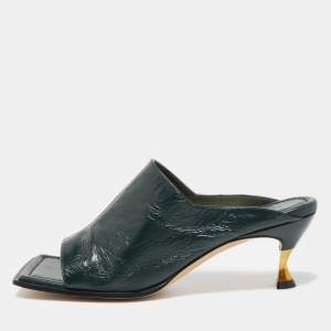 Pre Owned Bottega Veneta Green Leather Stretch Square Toe Kitten Heel Mules Size 36.5