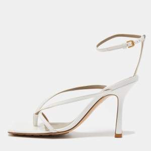 Pre Owned Bottega Veneta White Leather Stretch Ankle Strap Sandals Size 38