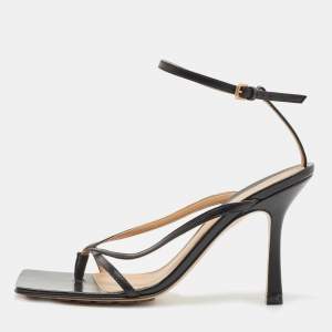 Pre Owned Bottega Veneta Black Leather Stretch Square Ankle Strap Sandals Size 38