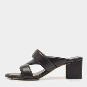 Bottega Veneta Black Leather Block Heel Slide Sandals Size 39