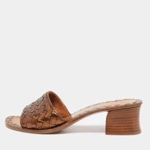 Pre Owned Bottega Veneta Gold Metallic Woven Leather Ravello Slides Size 35.5 