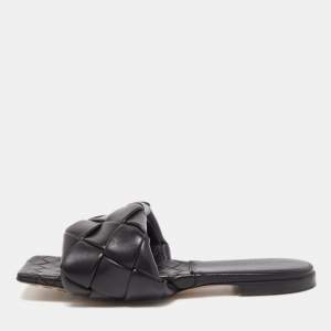Bottega Veneta Black Quitled Woven Leather Padded Flat Slides Size 39