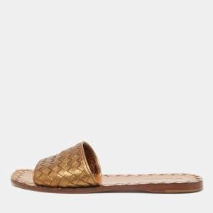 Bottega Veneta Metallic Bronze Intrecciato Leather Flat Slides Size 37