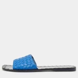 Bottega Veneta Blue Intrecciato Leather Flat Slides Size 39