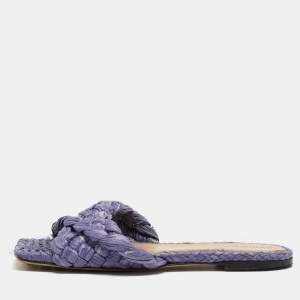 Pre Owned Bottega Veneta Lilac Woven Straw Lido Flat Slide Sandals Size 39