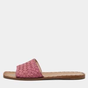 Pre Owned Bottega Veneta Pink Intrecciato Leather Flat Slides Size 40