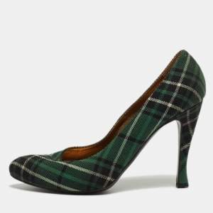 Pre Owned Bottega Veneta Green Plaid Canvas Pumps Size 38