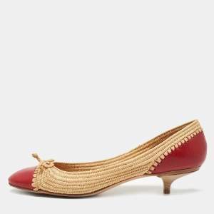 Pre Owned Bottega Veneta Red/Beige Leather and Raffia Kitten Heel Pumps Size 40