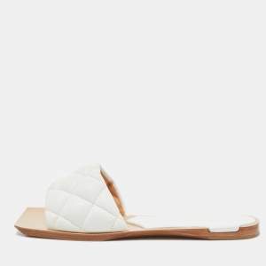 Pre Owned Bottega Veneta White Leather Lido Flat Slides Size 35.5