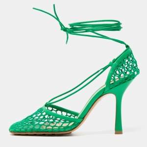 Bottega Veneta Green Mesh and Leather Stretch Ankle Wrap Pumps Size 37