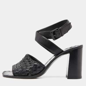 Pre Owned Bottega Veneta Black Intrecciato Leather Ankle Wrap Sandals Size 37