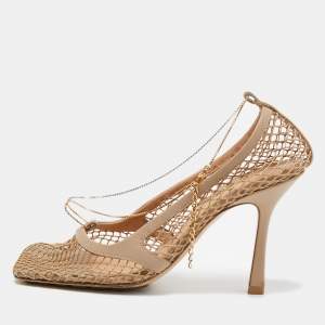 Pre Owned Bottega Veneta Beige Mesh and Leather Chain Stretch Pumps Size 38
