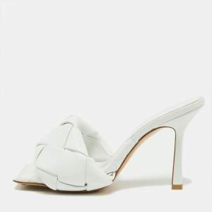 Bottega Veneta White Leather Intrecciato Lido Slide Sandals Size 37.5