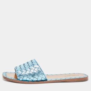 Bottega Veneta Metallic Blue Leather Flat Slides Size 38.5