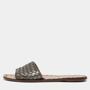 Bottega Veneta Metallic Grey Intrecciato Leather Flat Slides Size 38.5