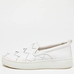 Pre Owned Bottega Veneta White Intrecciato Leather Slip On Sneakers Size 38