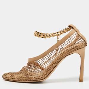 Pre Owned Bottega Veneta Beige Mesh and Leather Ankle Chain D'orsay Pumps Size 38.5
