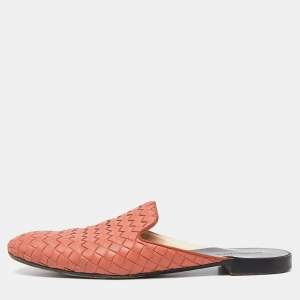 Pre Owned Bottega Veneta Orange Intrecciato Leather Flat Mules Size 39.5