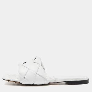Pre Owned Bottega Veneta White Intrecciato Leather Lido Flat Slides Size 41.5