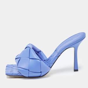 Pre Owned Bottega Veneta Blue Intrecciato Leather Lido Slide Sandals Size 39