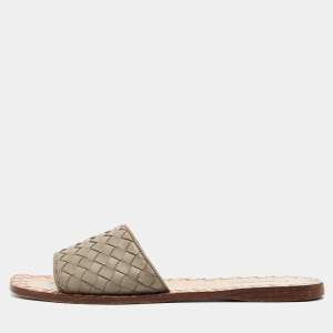 Bottega Veneta Grey Intrecciato Leather Flat Slides Size 37