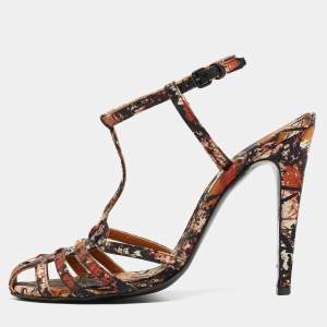 Bottega Veneta Tricolor Printed Satin T-Bar Ankle Strap Sandals Size 40