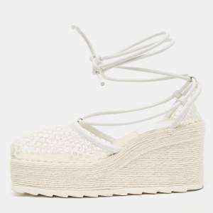 Pre Owned Bottega Veneta White Woven Mesh and Leather Espadrille Wedge Ankle Wrap Sandals Size 39