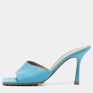 Pre Owned Bottega Veneta Blue Leather Stretch Open Toe Slide Sandals Size 37