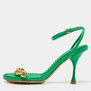 Bottega Veneta Green Leather Dot Embellished Leather Sandals Size 38