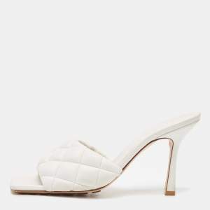 Pre Owned Bottega Veneta White Intrecciato Leather Lido Slide Sandals Size 38 