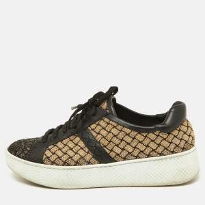 Bottega Veneta Black/Gold Woven Fabric and Leather Low Top Sneakers Size 39.5