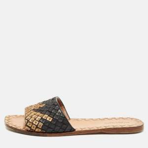 Pre Owned Bottega Veneta Gold/Black Intrecciato Leather Flat Slides Size 38