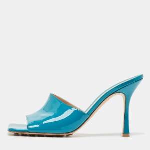 Bottega Veneta Turquoise Blue Patent Leather Stretch Square Toe Slide Sandals Size 41