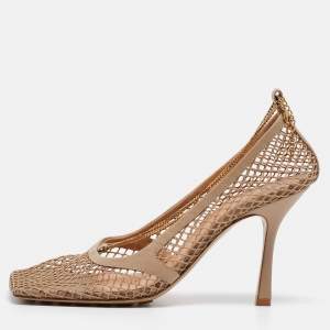 Bottega Veneta Beige Mesh and Leather Stretch Slingback Pumps Size 41