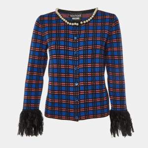 Boutique Moschino Blue Checked Knit Button Front Fringed Cardigan M