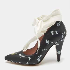 Boutique Moschino Printed Black Leather Ankle Wrap Pumps Size 37