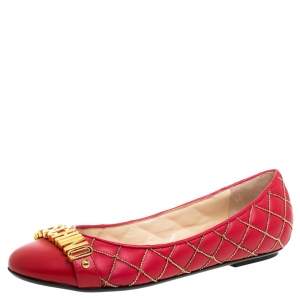 Boutique Moschino Red Quilted Chain Leather Logo Ballet Flats Size 38