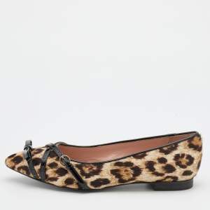 Boutique Moschino Brown/Black Leopard Print Calf Hair and Patent Leather Bow Ballet Flats Size 40