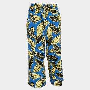Boutique Moschino Blue/Yellow Leaf Print Crepe Trousers M