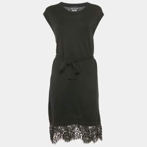 Boutique Moschino Black Wool Blend Lace Trim Detail Belted Midi Dress M