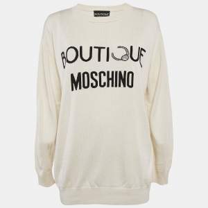 Boutique Moschino Cream Logo Intarsia Silk Knit Sweatshirt XL
